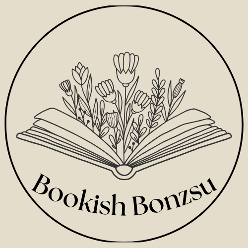 site logo, on cream background is an open book with flowers growing out of it, and the name Bookish Bonzsu