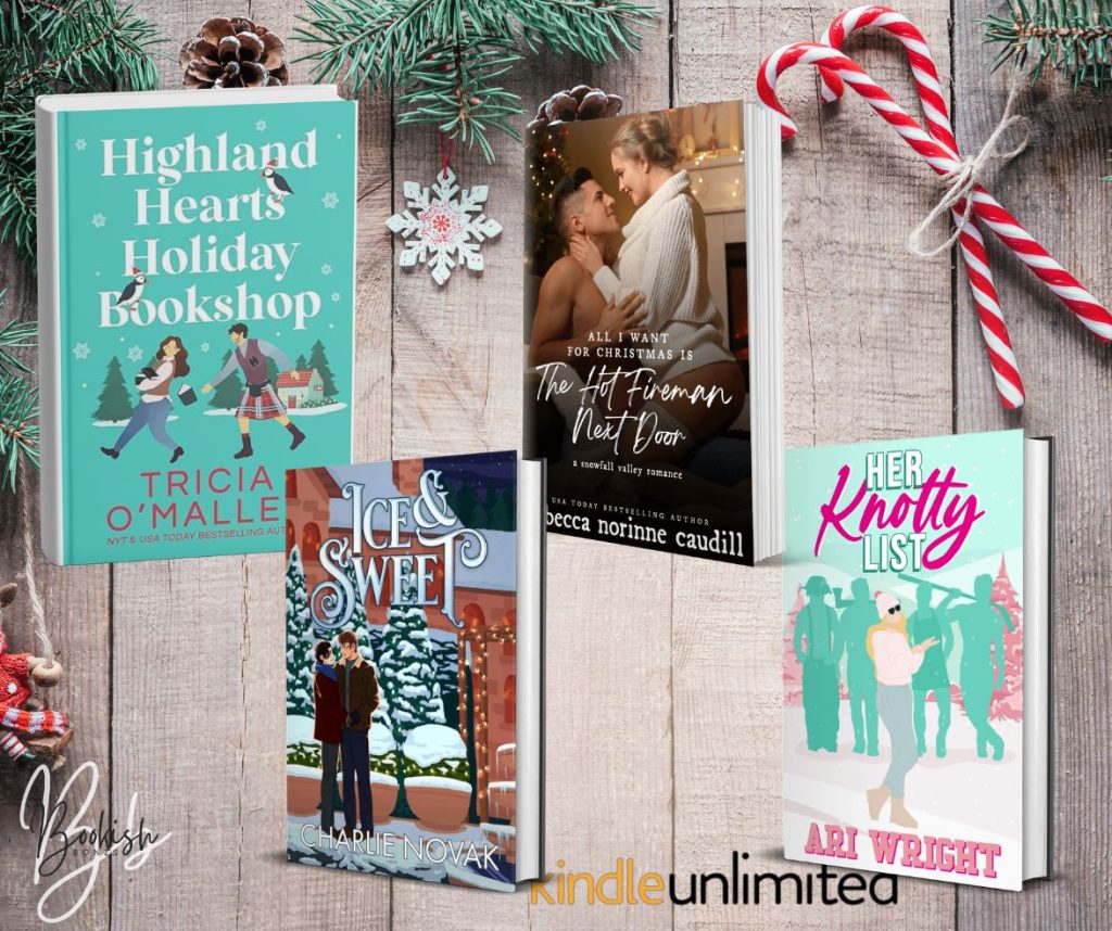 Image of four holiday-themed romance books displayed on a wooden background with festive decorations. The books are 'Highland Hearts Holiday Bookshop' by Tricia O'Malley, 'The Hot Fireman Next Door' by Becca Norinne Caudill, 'Ice & Sweet' by Charlie Novak, and 'Her Knotty List' by Ari Wright