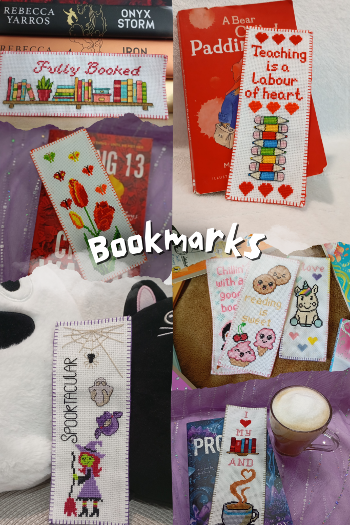 A colorful collage showcasing custom handmade cross-stitch bookmark patterns by Bookmarks by Bonzsu displayed over popular romance and fantasy books next to a cup of coffee.