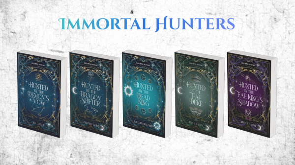 Promotional banner for the "Immortal Hunters" book series against a textured white background. The main title "IMMORTAL HUNTERS" is displayed at the top in a teal-to-purple gradient serif font. Below it, five fantasy book covers are lined up in a row as 3D mockups, each featuring ornate gold celestial borders in shades of blue, green, and purple.