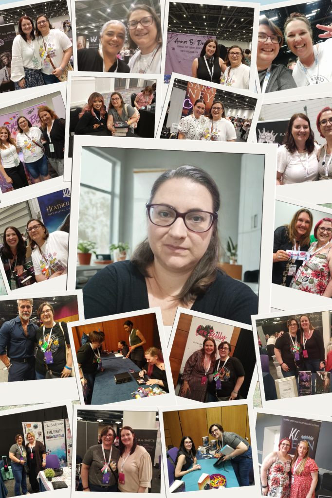 A polaroid picture collage featuring bookish author assistant Zsuzsi smiling at various indie author book signings and community events, with her professional headshot centered in a polaroid frame.