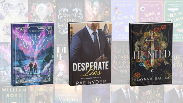 Three prominent book covers arranged in a row against a blurred background of other books. Left: 'Who Hears The Waters’ Call' by Sophia St Germain, featuring a couple looking at a ship on a lake amidst mountains. Center: 'Desperate Lies' by Rae Ryder, showing a man in a sharp suit and tie. Right: 'Hunted' by Elayna R. Gallea, depicting a sword surrounded by a wreath of flowers.